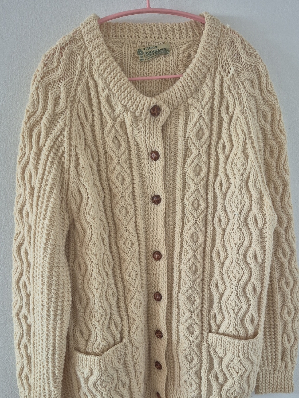 Crana Handknits Cream Cable-Knit Button Front Cardigan